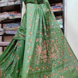 Kantha Stich On Bangalore Blended Silk Saree - Green