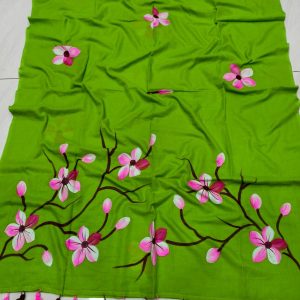 Hand Printed Mal Cotton Saree - Deep Green