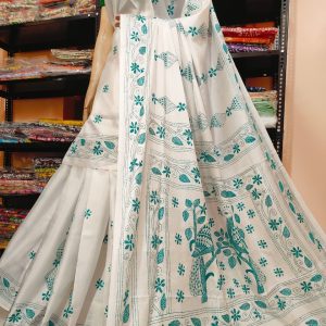Kantha Stich On Bangalore Blended Silk Saree - White