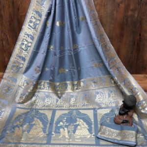 Bangalore Silk Baluchori Saree - Greyish-blue