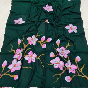 Hand Printed Mal Cotton Saree - Deep Emerald Green