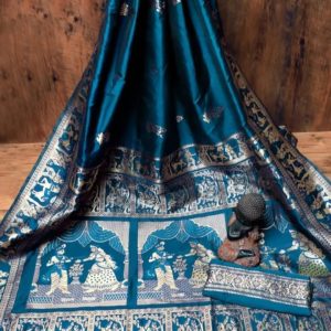Bangalore Silk Baluchori Saree - Peacock Blue