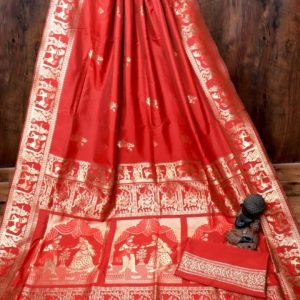Bangalore Silk Baluchori Saree - Crimson Red