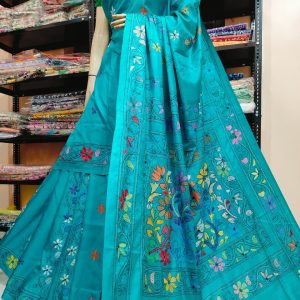 Kantha Stich On Bangalore Blended Silk Saree - Teal Blue
